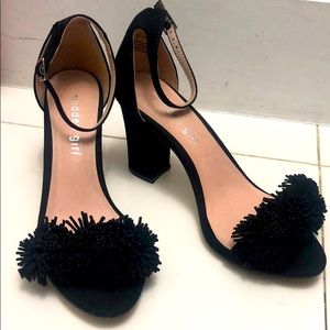Black Faux Suede Madden Girl Heels w/Pom Pom Strap